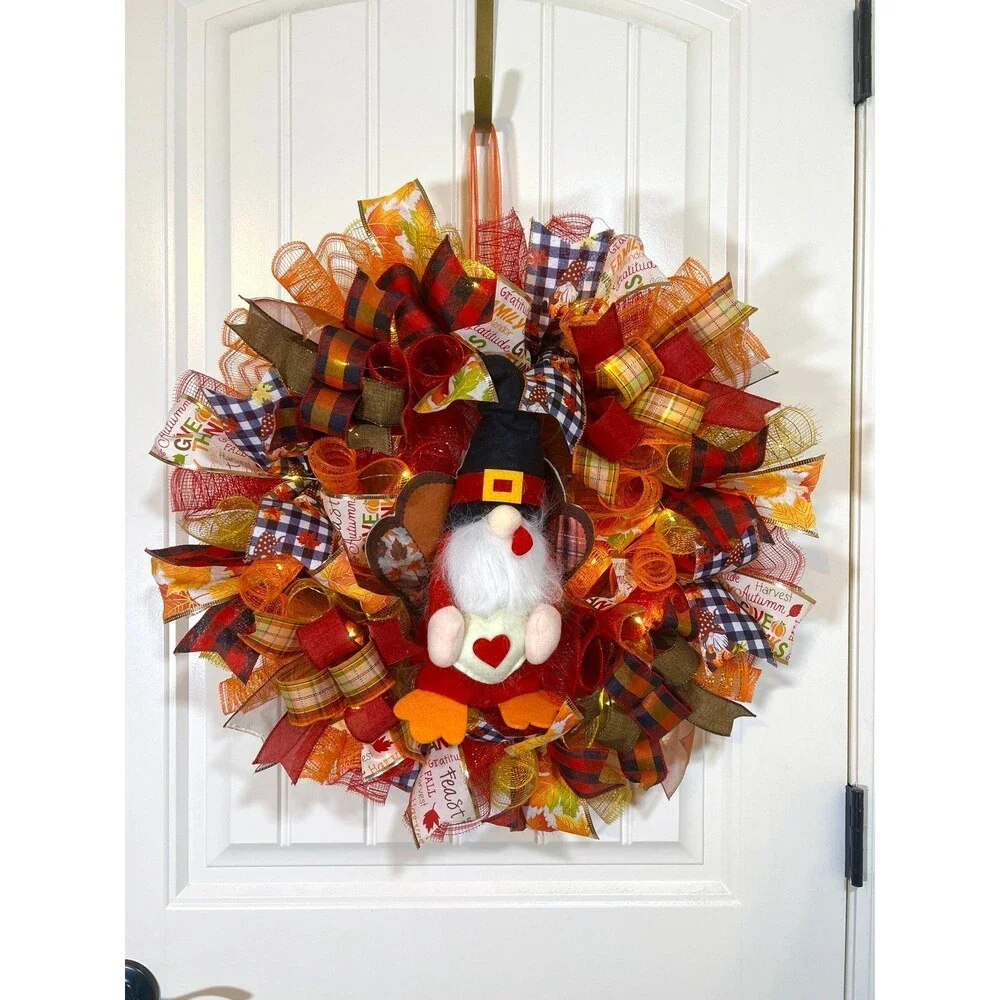 Handmade Thanksgiving Turkey Gnome Ribbon Welcome Door Wreath Leaf 22 in LED